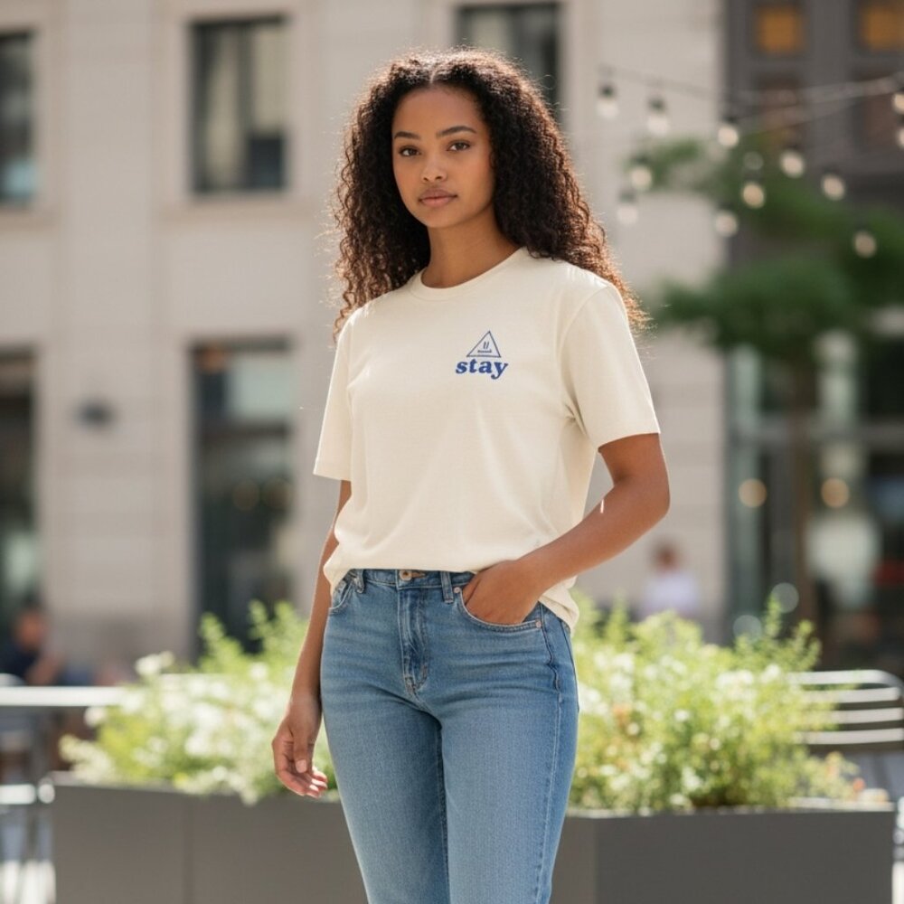 Stay 988 Beige Sand Casual Women's T-shirt Medium Blue Detail Relaxed Fit